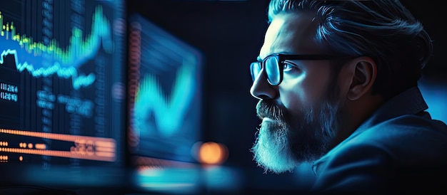 Focused trader wearing glasses looking at stock market charts on computer screen working late night Man analyzing cryptocurrency market Close up on eye