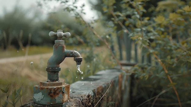 Photo focused view of rustic and rusty faucet in rural setting ai generated