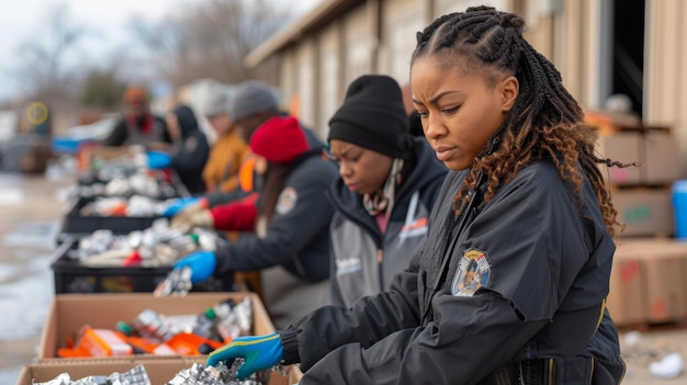 Focused volunteers sorting items for recycling at a community service event