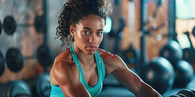 Focused woman athlete in gym with blue tones