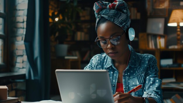 Photo focused woman engaged in remote work enveloped by a cozy home office