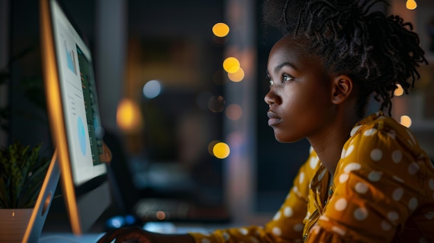 A focused woman is immersed in her creative digital work in a cozy evening setting