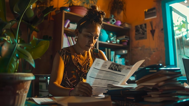 Focused woman reading documents in a cozy home office setting indoor casual style capture worklife balance concept perfect for lifestyle blogs AI