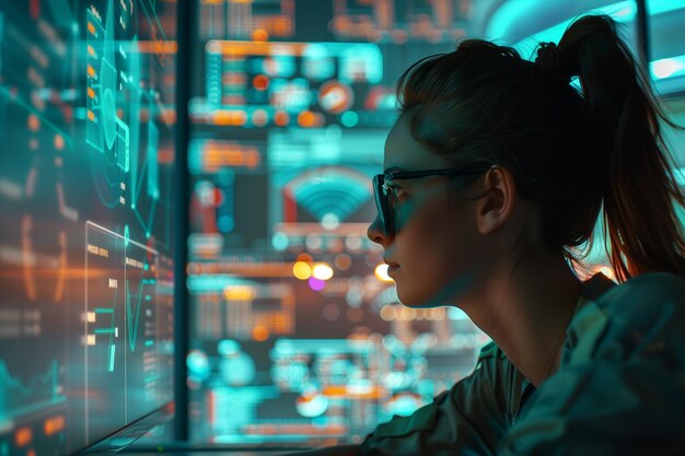 Focused Woman Typing Code Lines on Computer