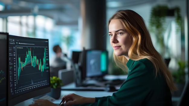 Focused woman working at a computer with financial graphs on screen professional office setting AI