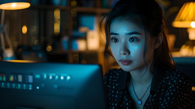 Focused woman working late in a dimly lit office environment professional at her computer surrounded by ambient light concentrated on screen tasks AI