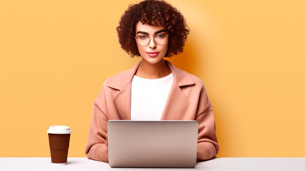 Photo focused on work businesswoman with laptop