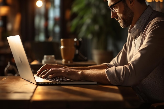 Focused Work Closeup of Man with Laptop Indoors Generative AI