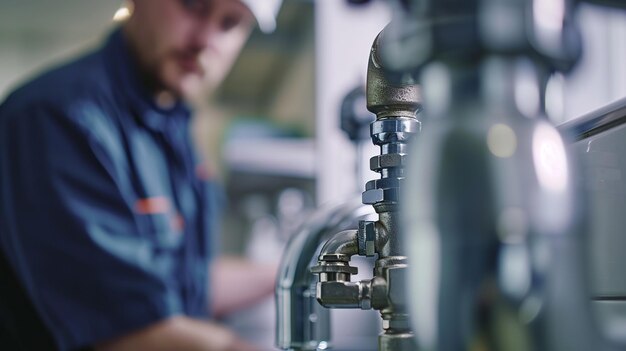 Photo a focused workman secures pipework in an industrial setting reflecting themes of plumbing services