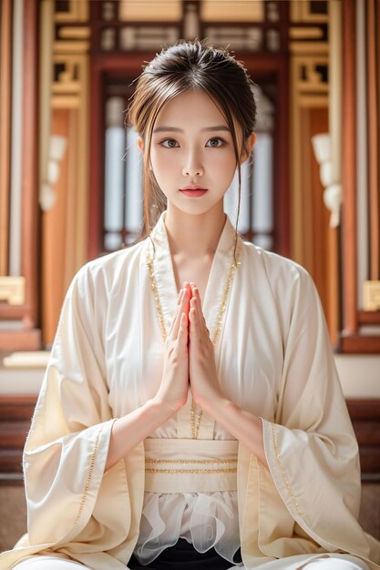 A focused young Asian woman was yoga meditation pose with lotus hands looking at the camera