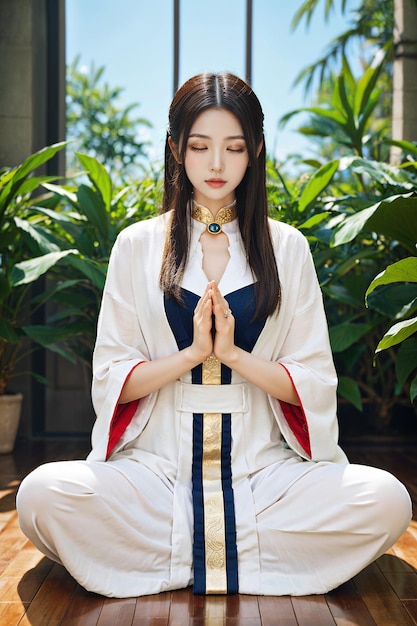 Foto una giovane donna asiatica era concentrata nella postura di meditazione yoga con le mani di loto che guardavano la telecamera