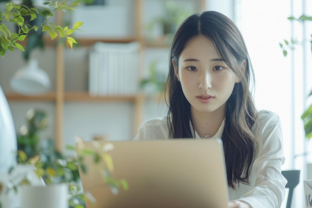 Focused young Japanese businesswoman engrossed in her laptop work in the office