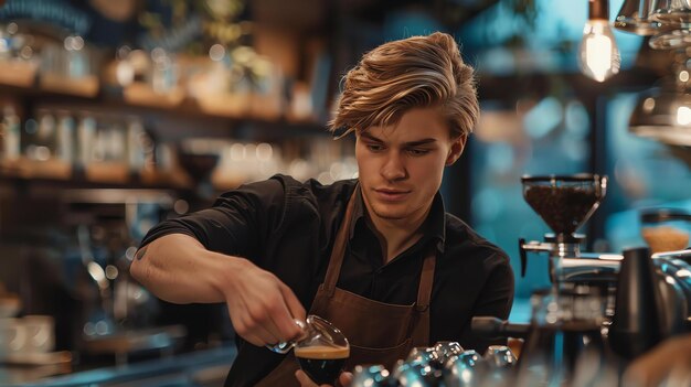 카페에서 커피를 만드는 집중적인 젊은 남성 바리스타