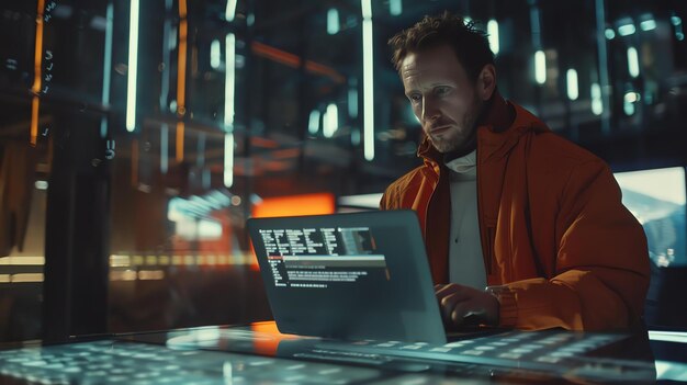 Focused young male programmer working on laptop coding project in dark modern office with futuristic neon lights