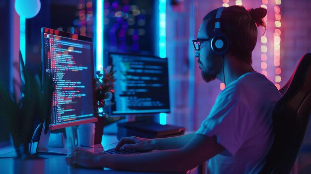 Focused young male programmer working late at night on his computer He ...