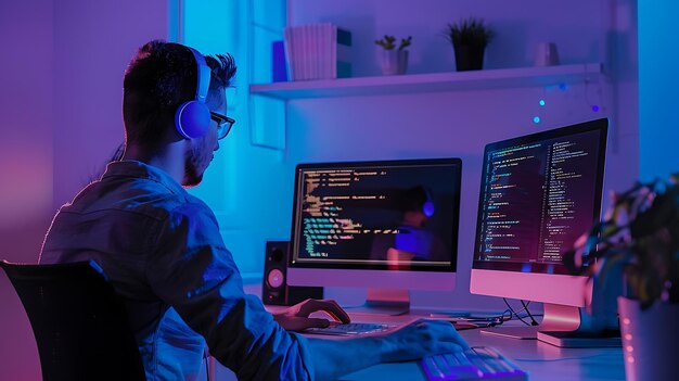 Photo focused young male software developer in headphones working on code at night in his home office