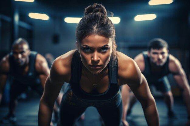 Foto giovani concentrati che fanno flessioni in palestra