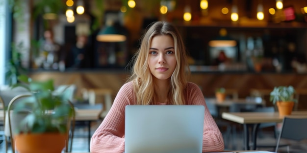Фото Сосредоточенная молодая студентка-фрилансер работает на своем ноутбуке в кафе, устанавливая зрительный контакт с камерой.