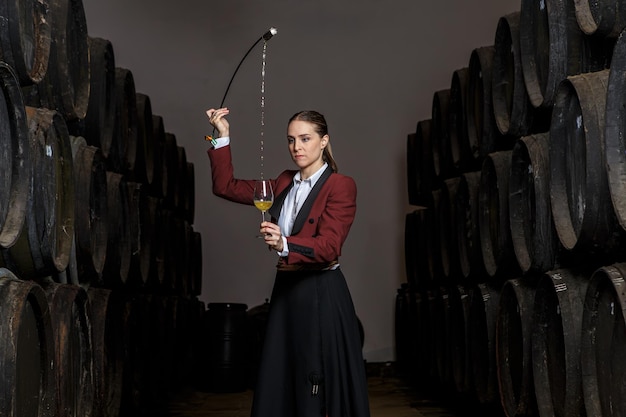 Foto giovane donna venenciador concentrata in piedi e versando vino con venencia in bicchiere in cantina