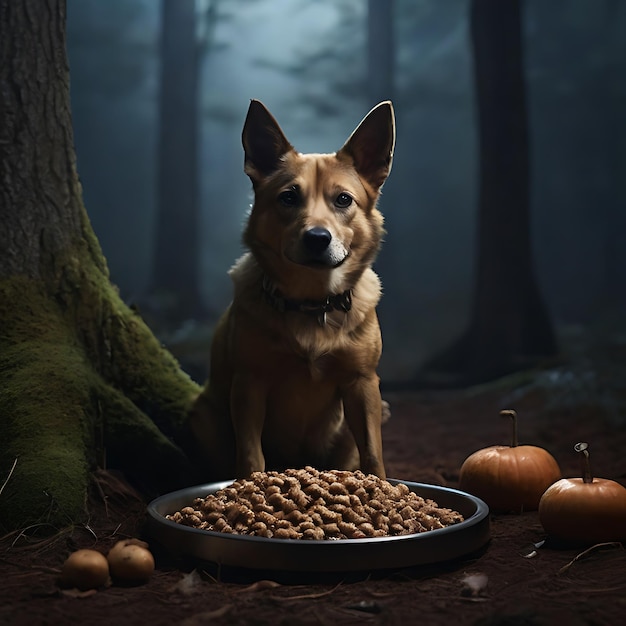 focusing on dog food arranged on a hauntingly generated by AI