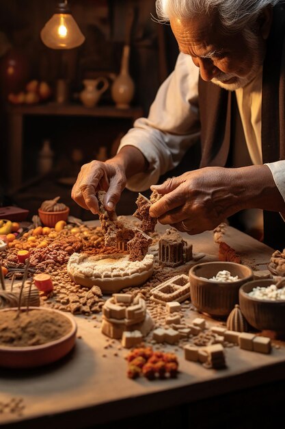 Photo focusing on the hands of an elderly person creating intricate sugar figures chikki makar sakranti