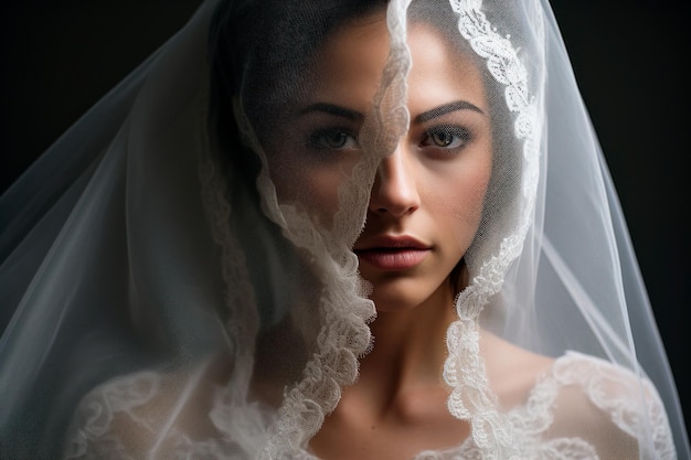 focussen op het gezicht van de bruid gezien door haar sluier AI generatief