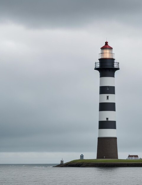 focusshot van de hoge vuurtoren aan de noordzee onder een bewolkte hemel op een gezellige onscherpe achtergrond