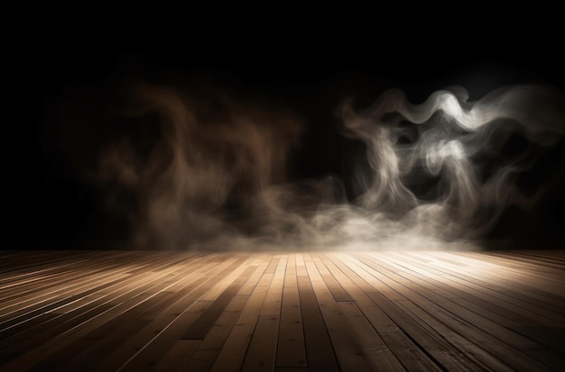 Fog in the dark smoke and mist on a wooden table abstract halloween background generative ai