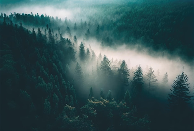 Nebbia nella vista aerea della foresta ia generativa