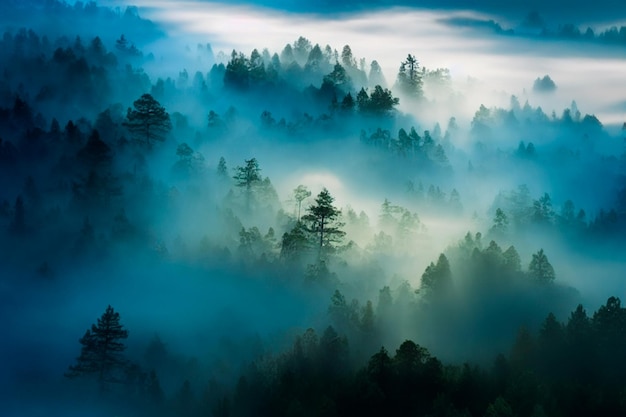 Fog in forest aerial view Generative AI