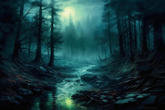 Fog in the forest with moonlight AI generative