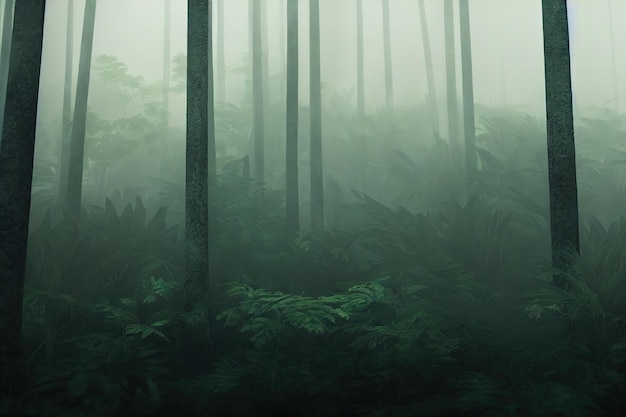 Туман в зеленом лесу с деревьями и кустами 3D рендеринга