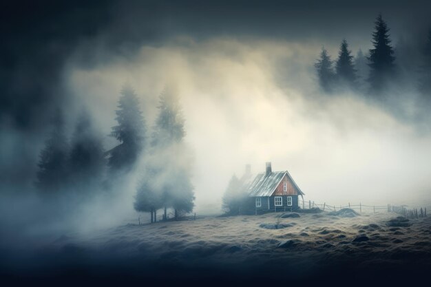 fog over a hill with houses on top in the style of light indigo and light cyan landscapes