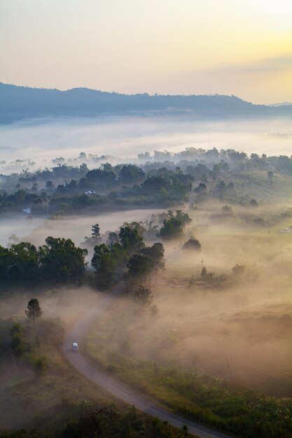 写真 khaokhophetchabunthailandのkhaotakhianngoビューポイントでの朝日霧