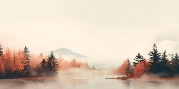 Foto nebbia su un lago con fogliame autunnale e montagne paesaggio autunnale