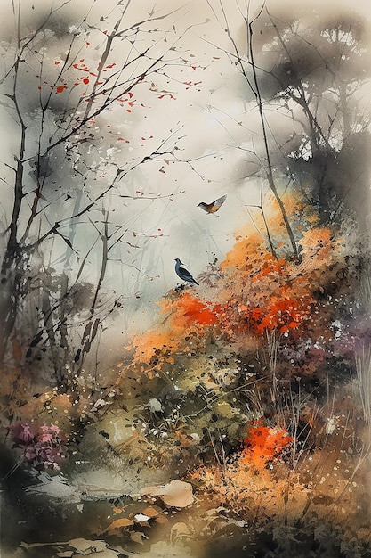 霧の風景、霧の鳥、花、木、霧、生成ai