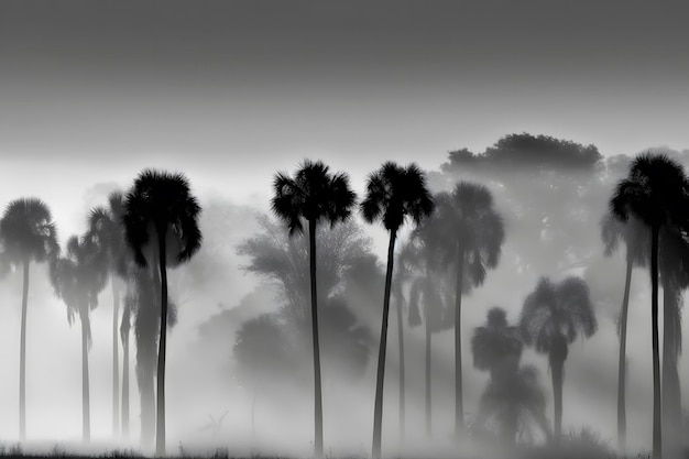 Fog landscape with palm trees Neural network AI generated