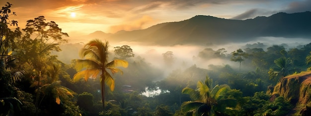 Fog lifting over a tropical ravine filled with exotic flora at sunrise