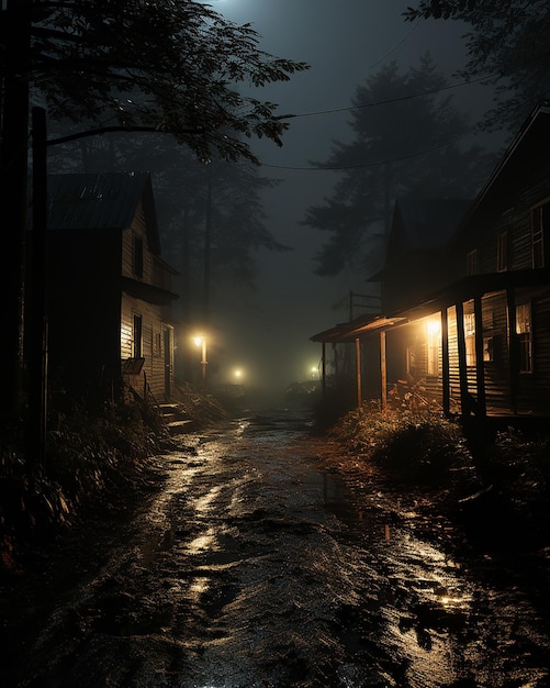 Foto la nebbia illumina una strada e una casa vicino alla nebbia nello stile della ritrattistica inquietante