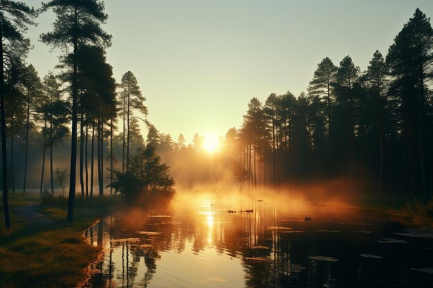 Fog over the river at dawn in the forest trees