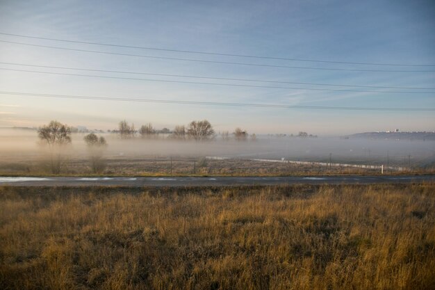 Fog on the road along the field at dawn fog in the autumn field along the highway