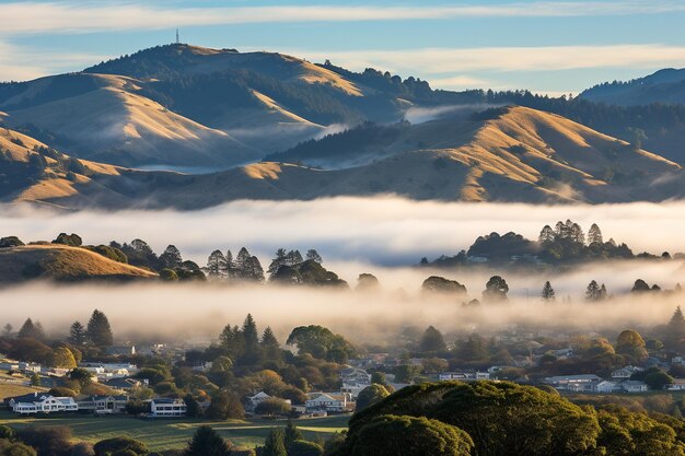 Fog rolling over hills at dawn