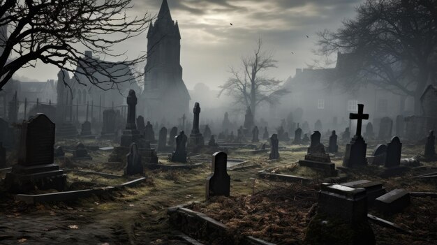 Photo fog shrouded churchyard with ancient graves