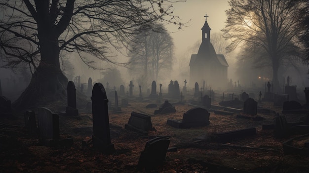 Photo fog shrouded churchyard with ancient graves