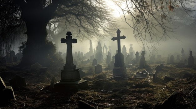 Photo fog shrouded churchyard with ancient graves