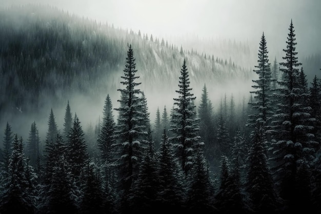 Fog shrouded fir trees