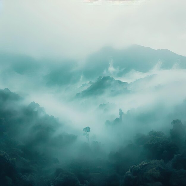 早朝のトウヒの森の木々にかかる霧 山のトウヒの木のシルエット 生成 AI