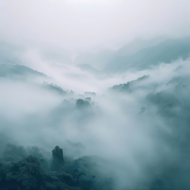 Туман над елями ранним утром Силуэт елей на горе Генеративный AI