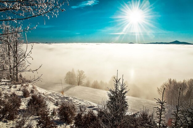 Photo fog and sun at a ski resort in winter mountains