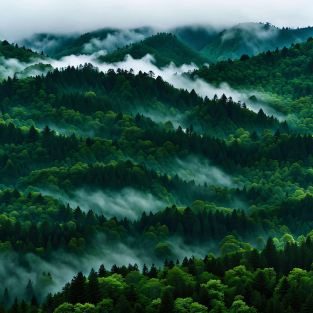 fog swirling through a lush green forest